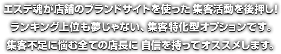 エステ魂が店舗のブランドサイトを使った集客活動を後押し!ランキング上位も夢じゃない、集客特化型オプションです。集客不足に悩む全ての店長に自信を持ってオススメします。